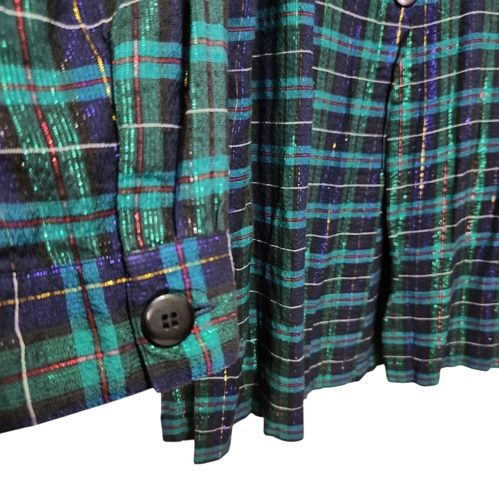 Victoria Jones Tunic Top Size 1X Green Metallic Front Buttons Plaid - Picture 6 of 15